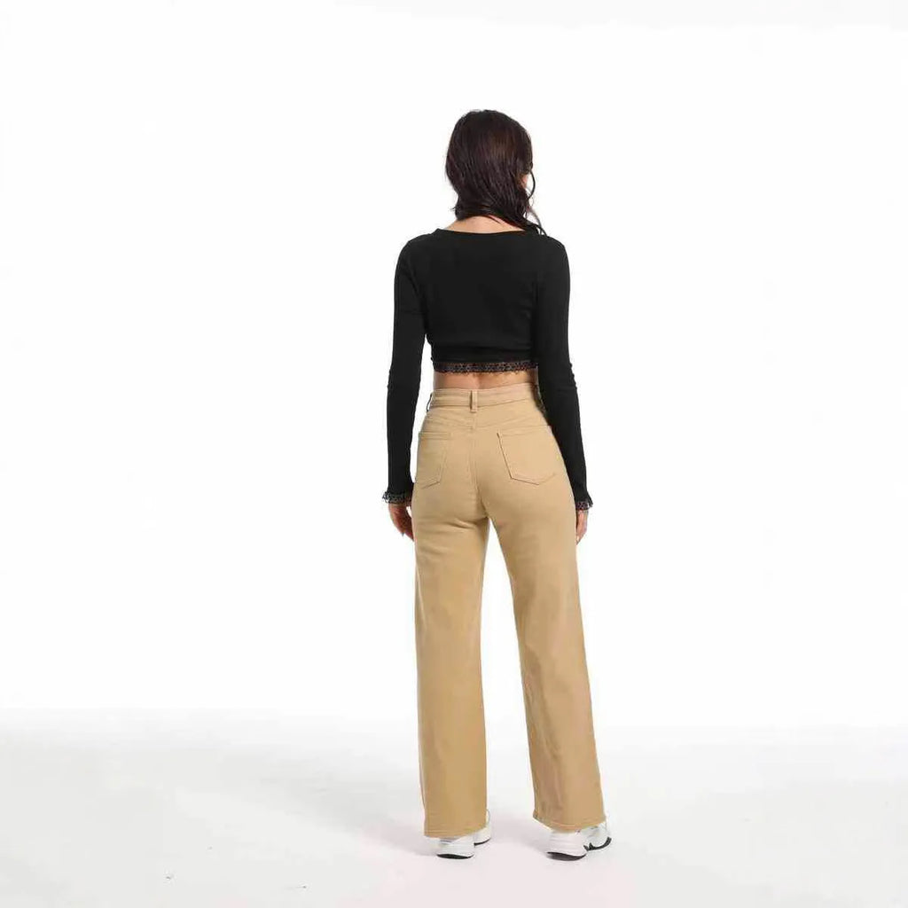 Women's apricot high-waist wide-leg jeans made from stretch cotton, laid flat.