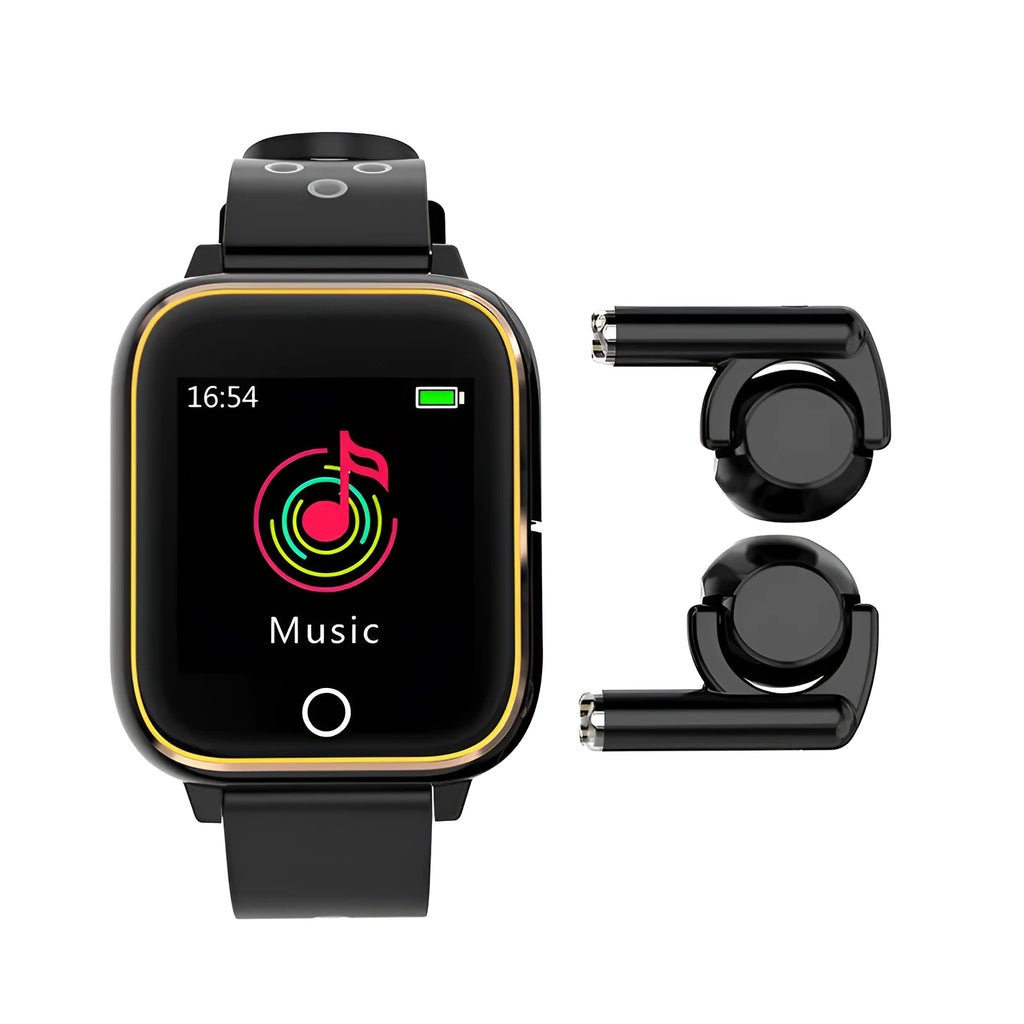 Black smart watch with integrated Bluetooth earbuds stored in the case, showing heart rate tracking on screen.