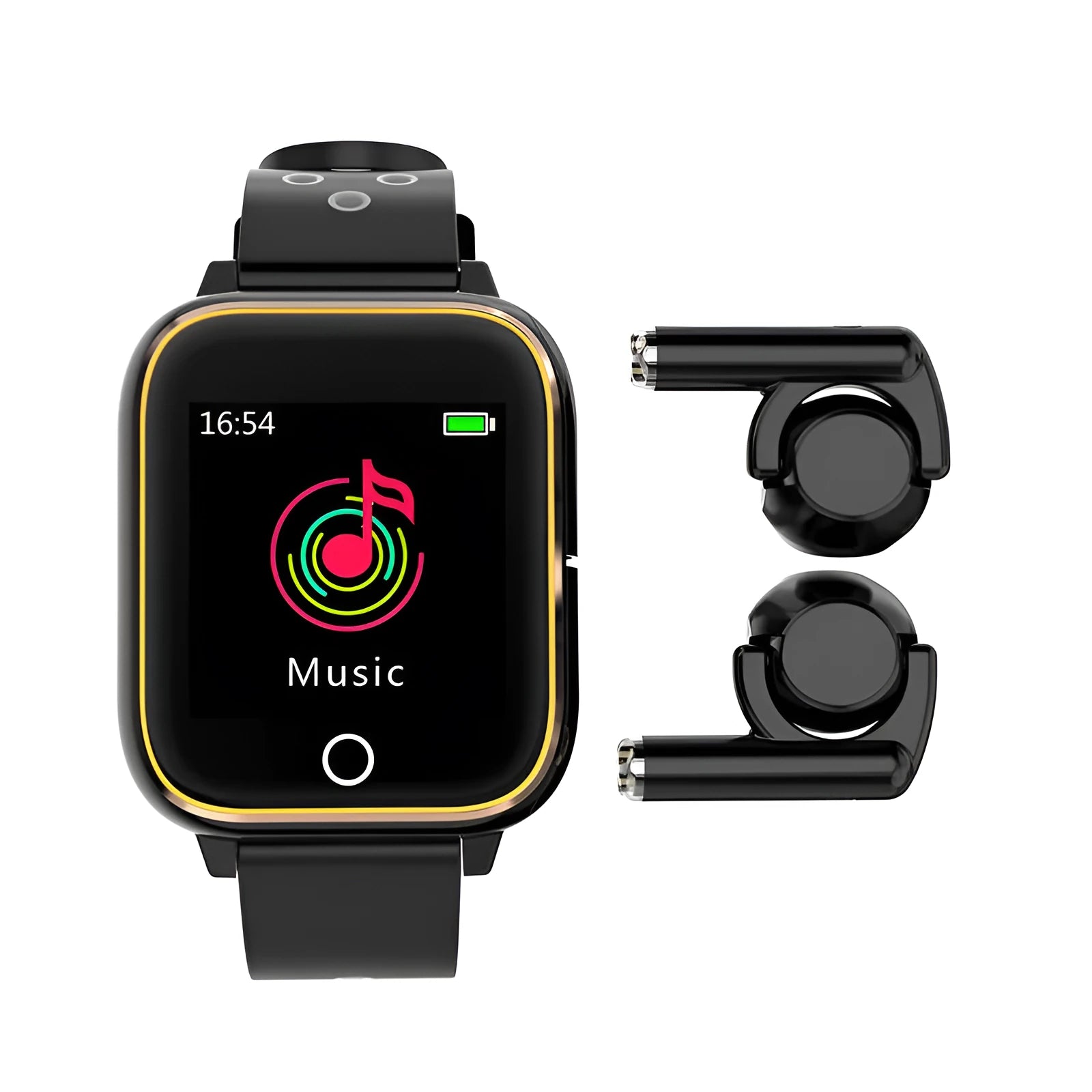 Black smart watch with integrated Bluetooth earbuds stored in the case, showing heart rate tracking on screen.