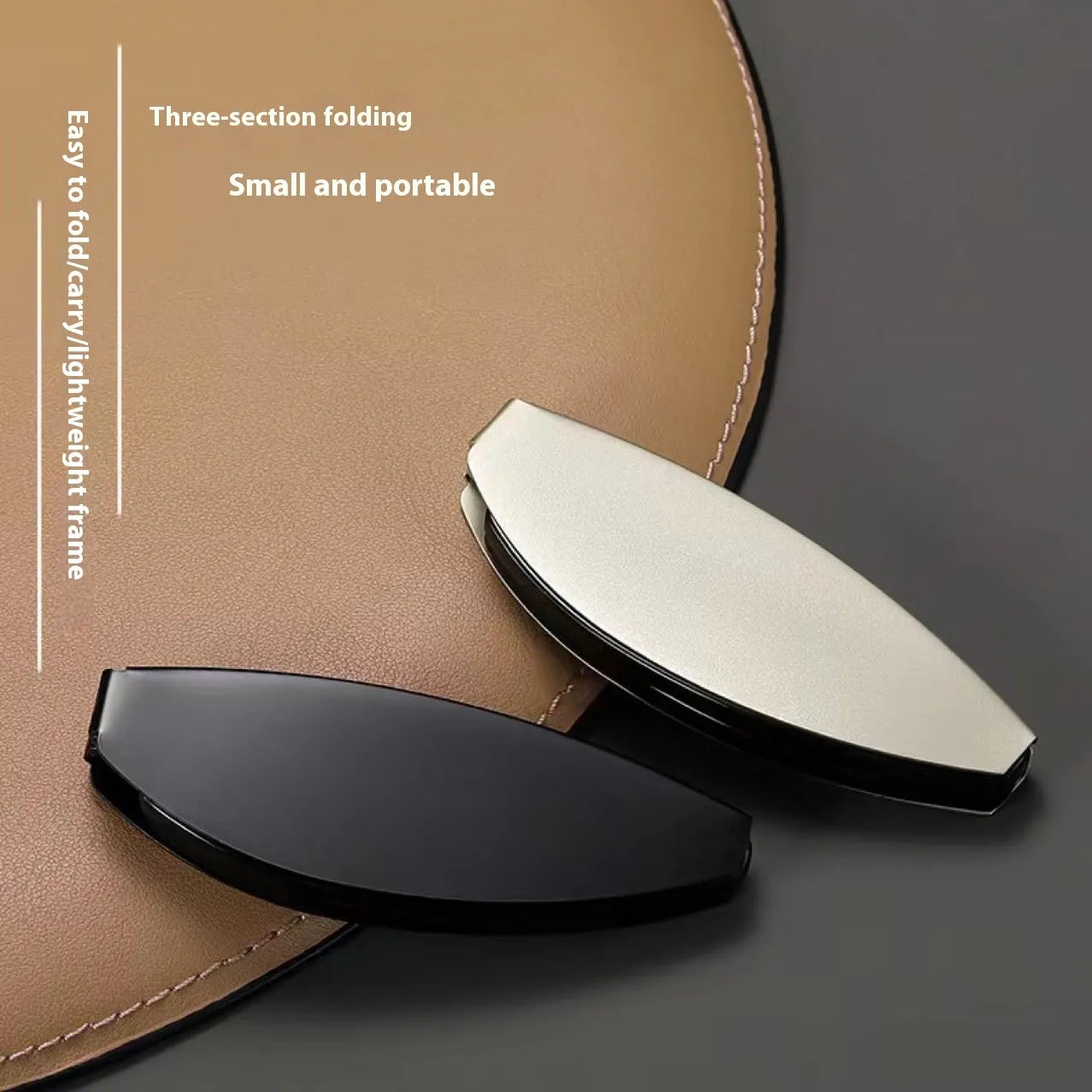 Black folding presbyopic glasses shown open and folded, with retro ring-style frame.