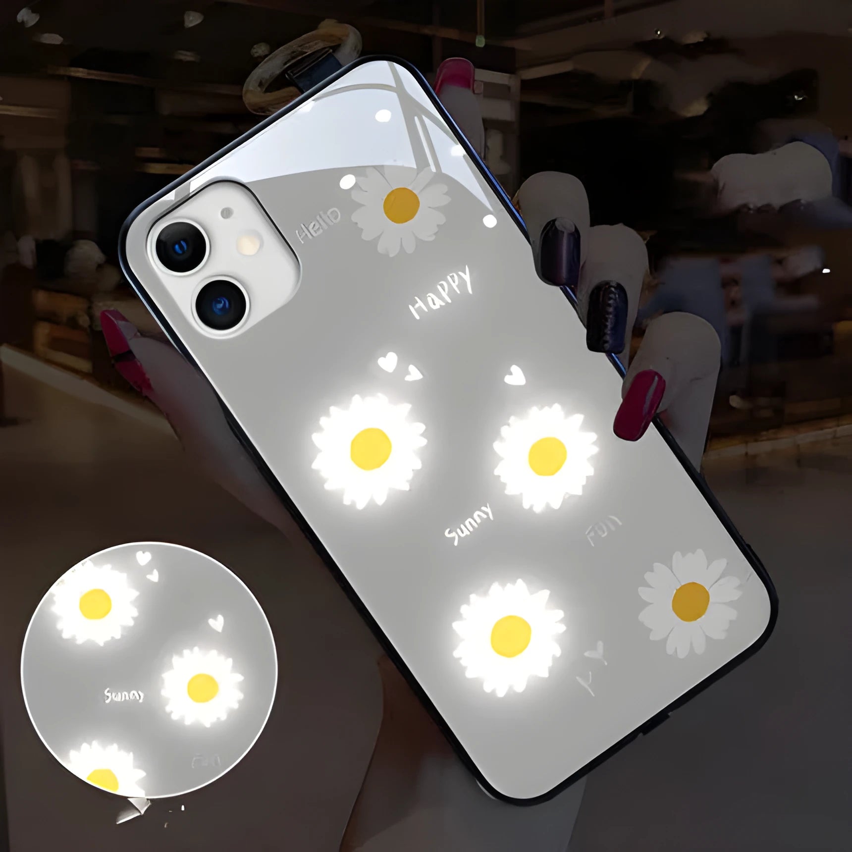 Luminous iPhone case with voice-activated colour lights and painted daisy floral designs on TPU protective shell