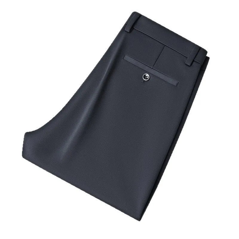 Men's straight-leg trousers in a dark colour on a hanger, showing mid-waist and zip fly design.