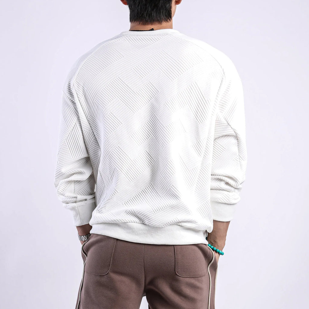 Men's loose fit long-sleeved twill jacquard sweater in Army Green, shown with round neck and regular sleeves.