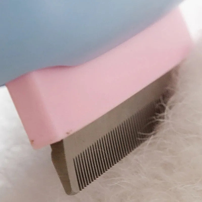 Blue double-sided pet grooming brush showing undercoat rake and dematting comb on a white background.