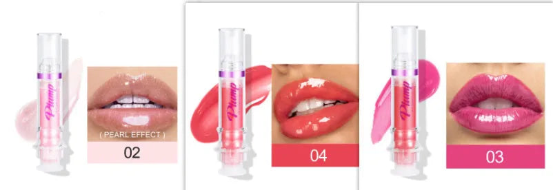 Lip gloss tube with mirror finish showing shiny application on lips