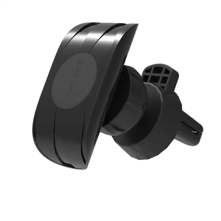 Black car phone holder mounted on vehicle air vent showing smartphone placement