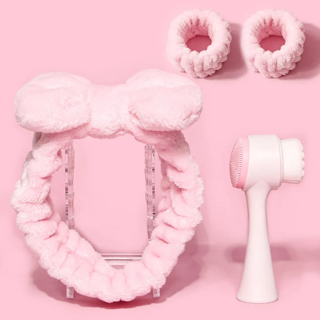 Facial brush set with coral fleece headband and nylon bristles in purple, grey, white or pink