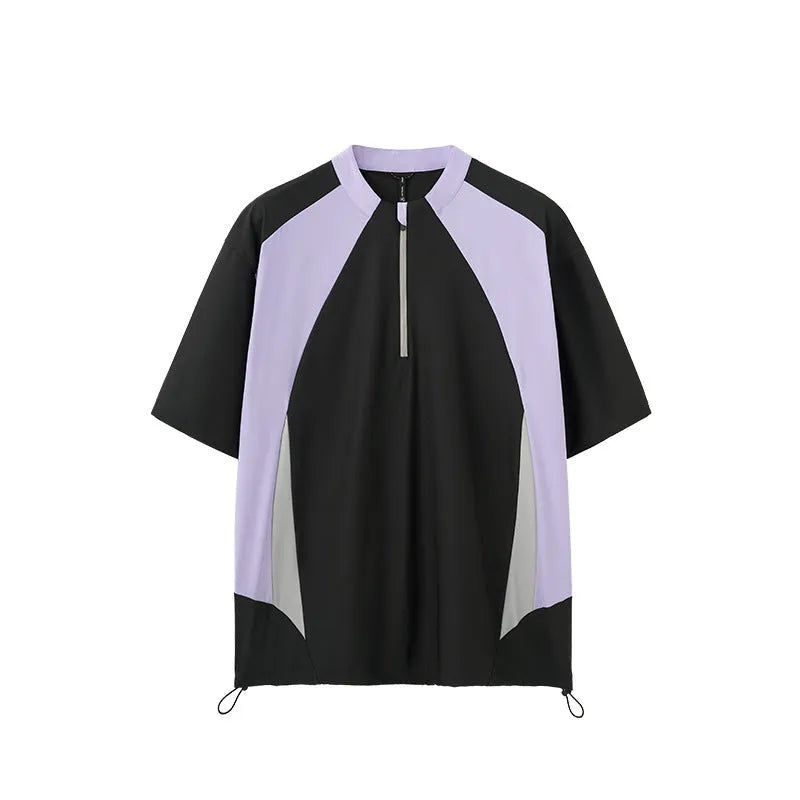 Men's solid colour polyester top with stitching detail in black and beige with long and short sleeve options