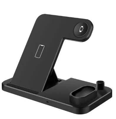 White 4-in-1 wireless charging station with phone on adjustable stand, Apple Watch, AirPods and Apple Pencil charging.