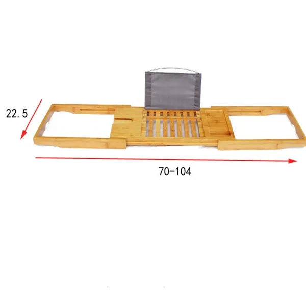 A freestanding bamboo bathtub frame with a single-level platform for bathroom storage.
