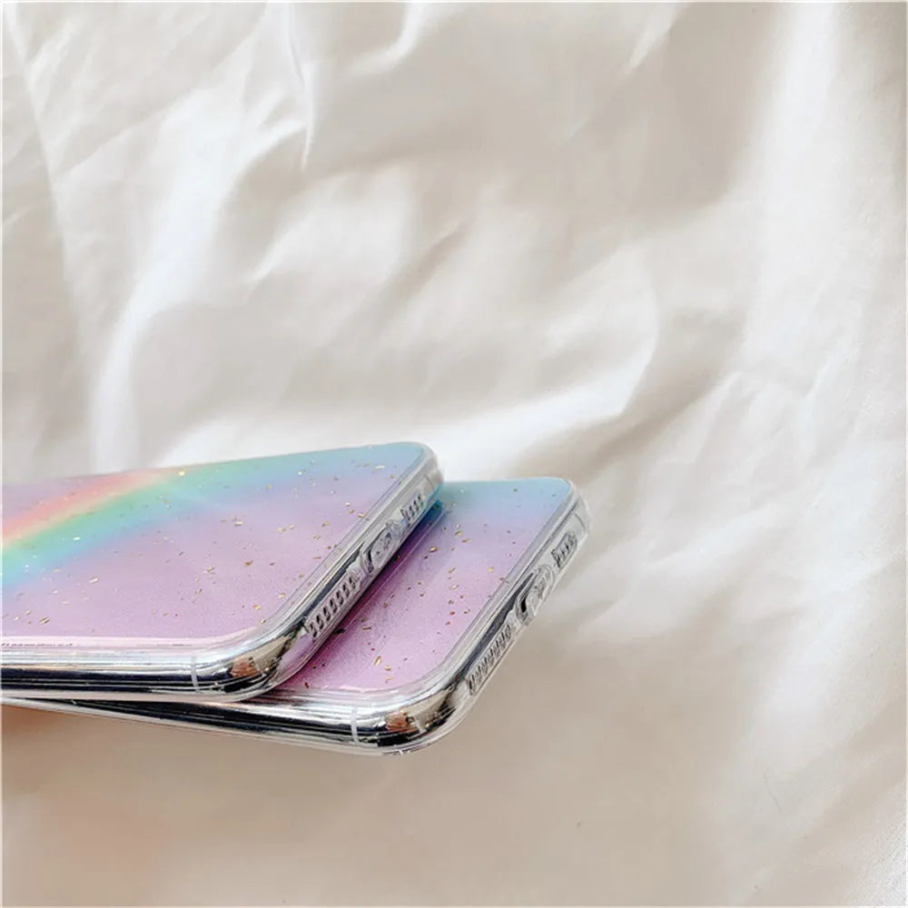 Rainbow gradient striped TPU protective case for iPhone, showing Japanese-Korean style design.
