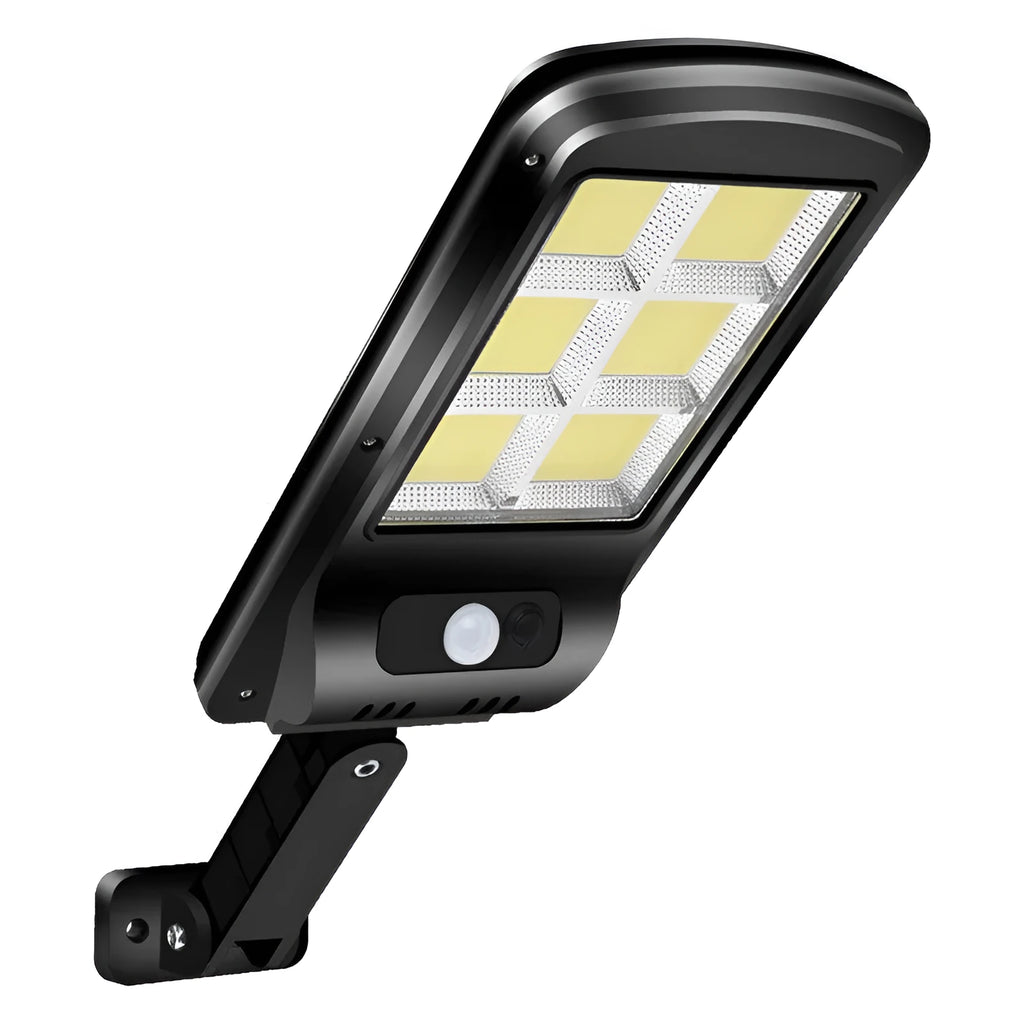 Black solar-powered outdoor wall light with motion sensor for gardens and pathways