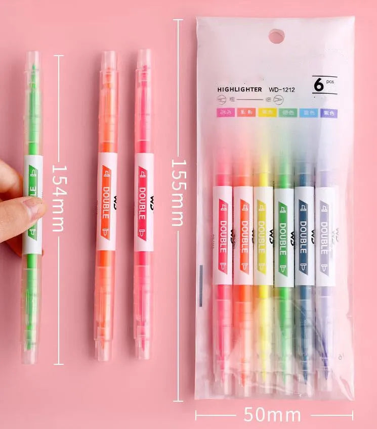 Set of six double-headed marker pens showing round and oblique tips in various colours