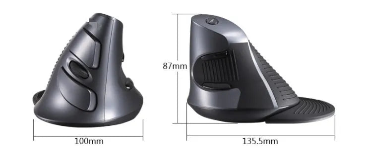 M618 black and white wireless vertical ergonomic mouse for right hand on desk.