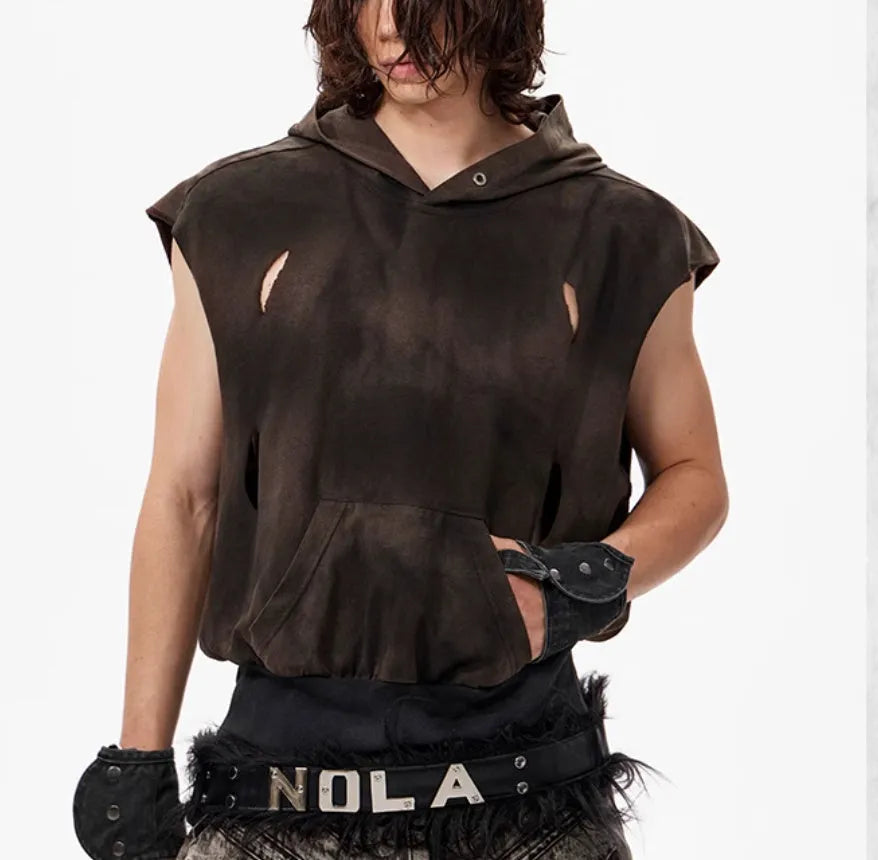 Khaki coloured cotton short sleeve hooded vest on hanger