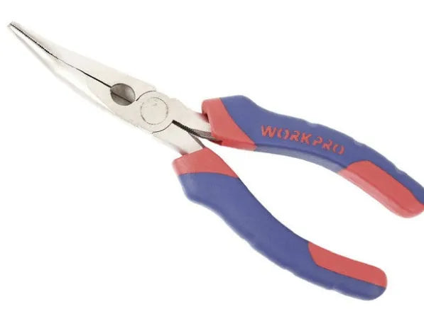 Blue and black handled curved nose pliers with fine 5mm tips, 160mm long.