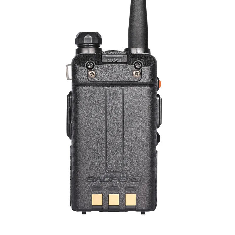 Black handheld VHF UHF walkie talkie with antenna, LCD display, and keypad.