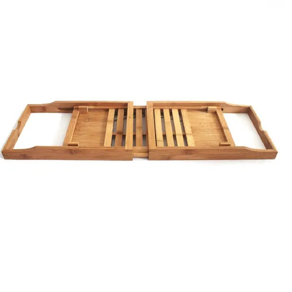 A freestanding bamboo bathtub frame with a single-level platform for bathroom storage.