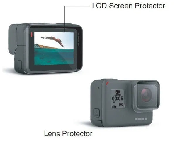 GoPro Hero camera with transparent 9H tempered glass screen protector and lens protector film applied.
