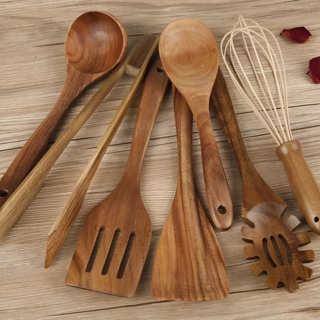 Seven wooden spoon shovels arranged together as a cooking utensil set for non-stick pans