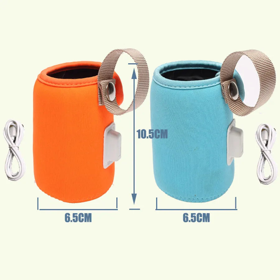 Blue USB baby bottle warmer showing cotton sleeve and power connection for milk feeding