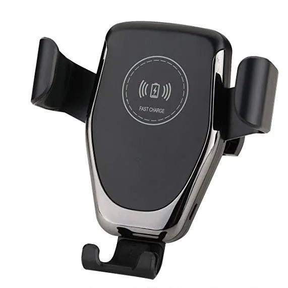 Black car wireless charger mounted on dashboard showing iPhone in automatic clamp