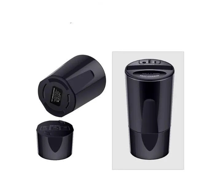 Black X9 car wireless charging cup with detachable base on a car dashboard, showing LED light and phone charging.