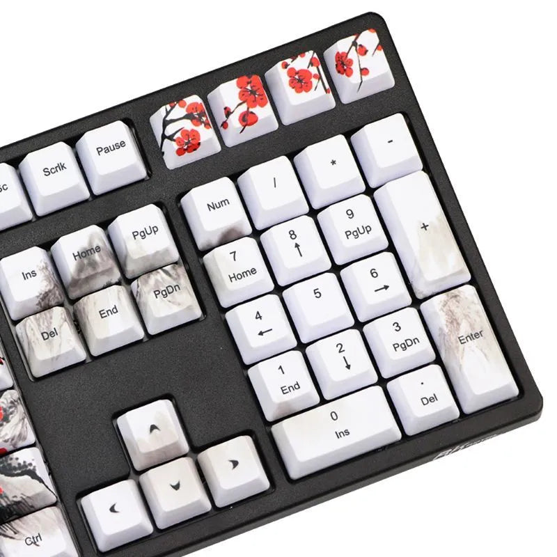 PBT Wangjiang plum blossom themed keycap set for mechanical keyboards, showing Korean and Japanese legend options.