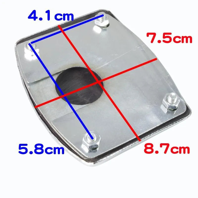 Metal motorcycle brake pedal skid plate showing three style variations for different vehicle types