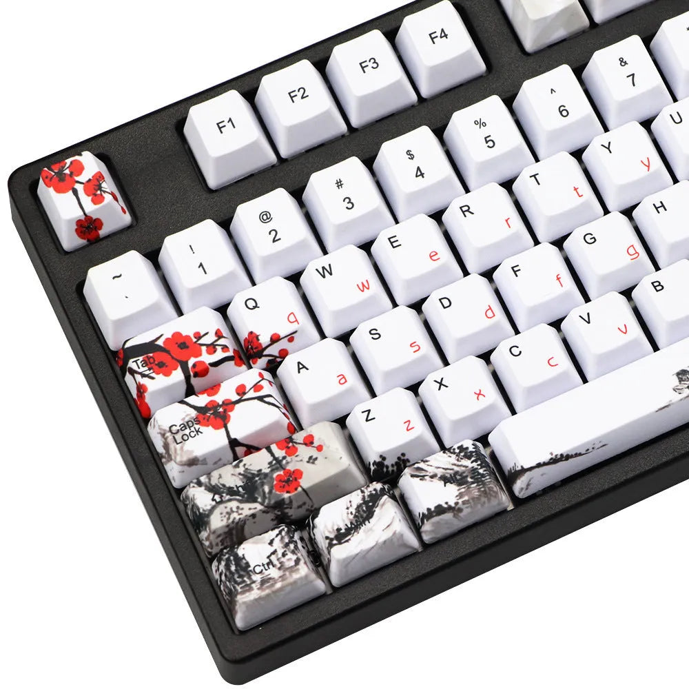 PBT Wangjiang plum blossom themed keycap set for mechanical keyboards, showing Korean and Japanese legend options.