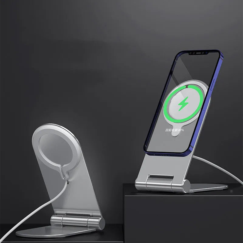 Silver vertical adjustable magnetic phone bracket showing aluminium alloy construction and iPhone12 compatibility