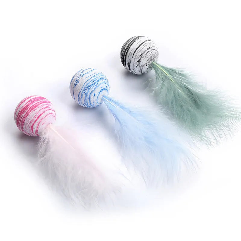 Star texture EVA foam cat ball with feathers in Black, Blue, and Pink colour options