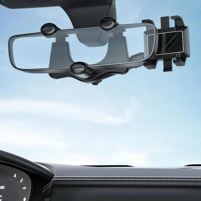 Black rearview mirror car phone holder showing 360-degree rotation and retractable arm extension.