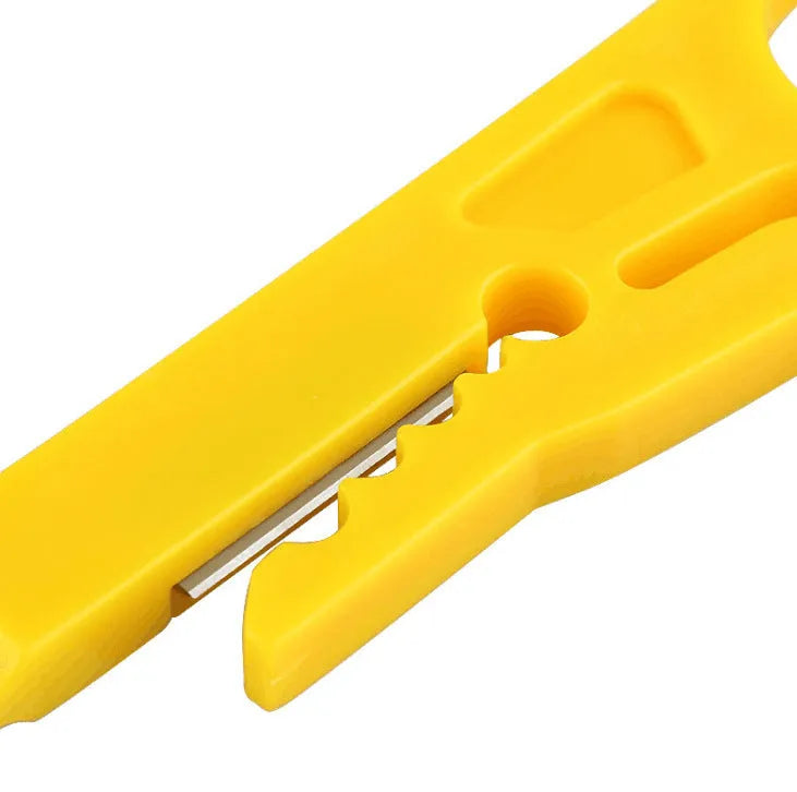 Yellow portable wire stripper tool for 0.6 mm cables with integrated metal cutter.