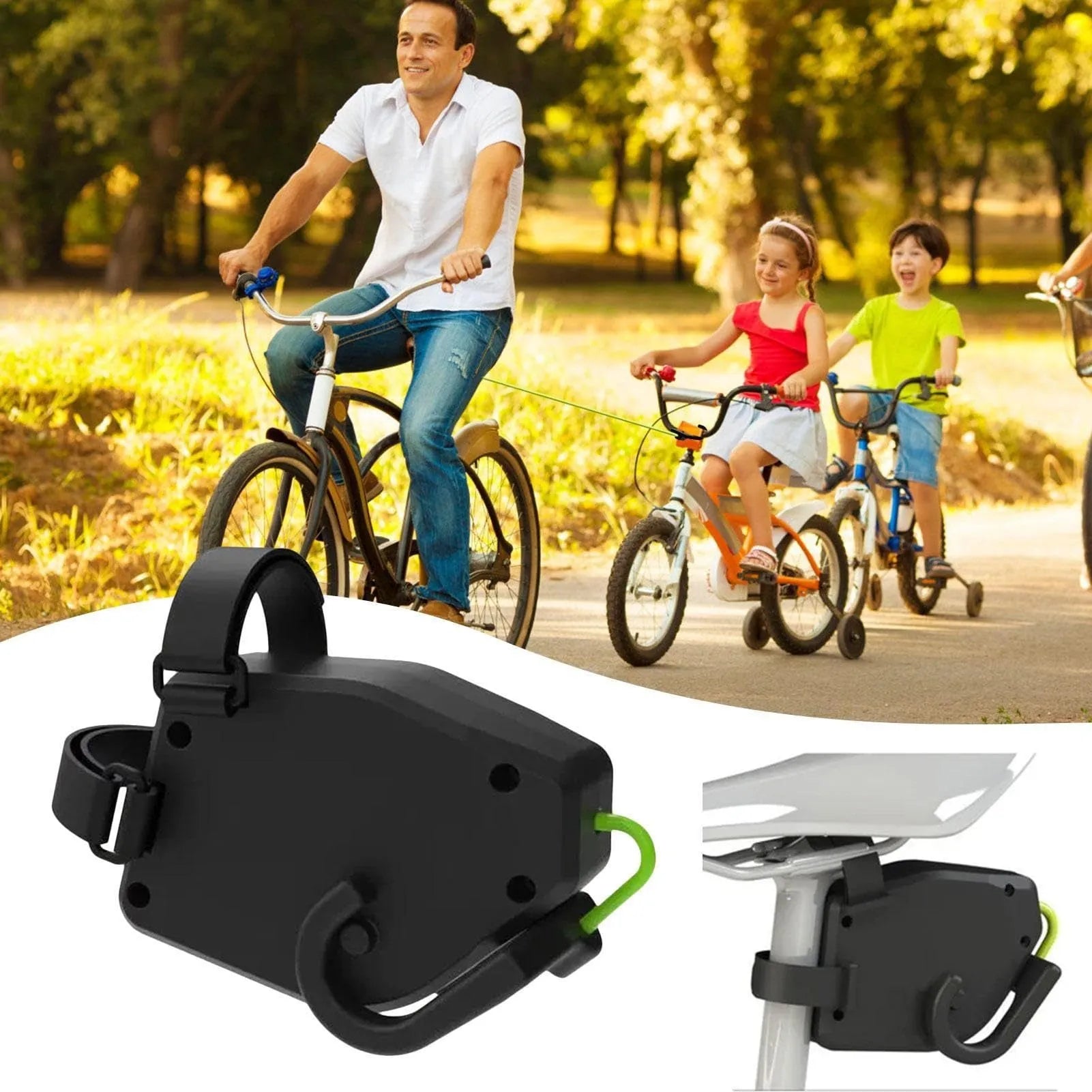 Black plastic and resin bicycle trailer connector rope for towing a child's trailer.