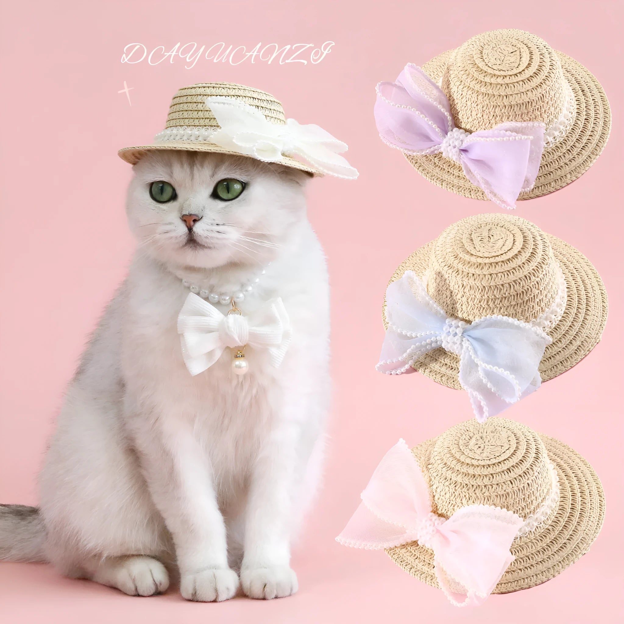 Woven straw hat with pearl bow decoration for cats, available in four colours and two sizes