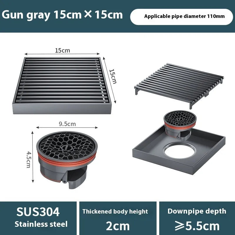 Gun grey 304 stainless steel courtyard floor drain with 15cm by 15cm dimensions