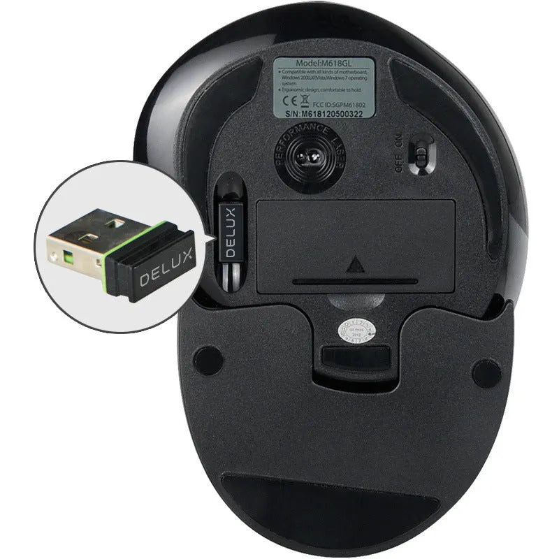 M618 black and white wireless vertical ergonomic mouse for right hand on desk.