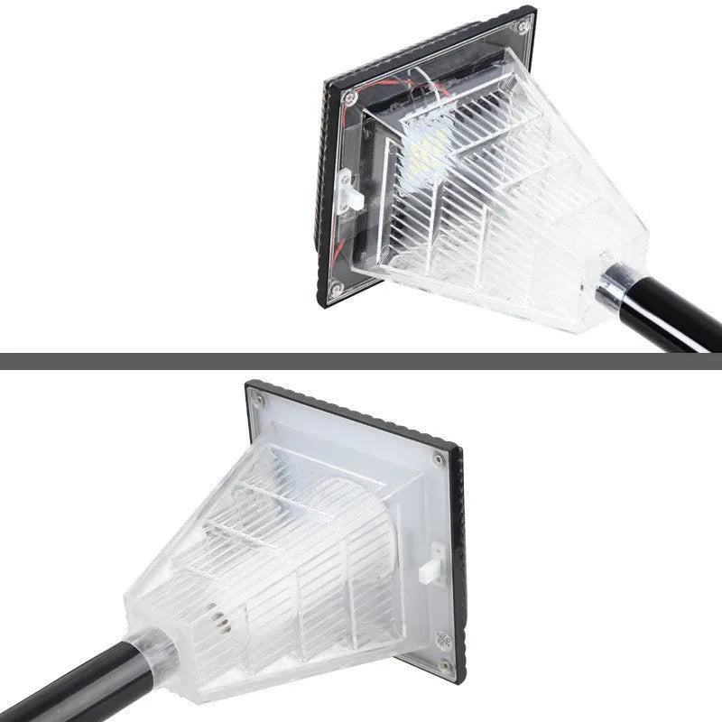 Solar garden light with colour changing LEDs in outdoor setting showing flame, green, red, and white light options