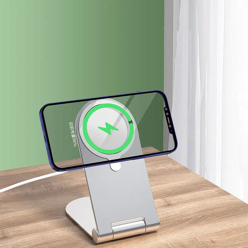 Silver vertical adjustable magnetic phone bracket showing aluminium alloy construction and iPhone12 compatibility