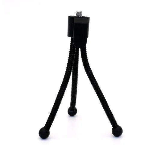 Small black iron frame mini tripod with extended legs and a universal ball head mount.