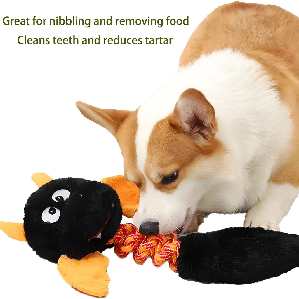 Soft plush dog toy with cartoon design, shown in green, red, or black colour.