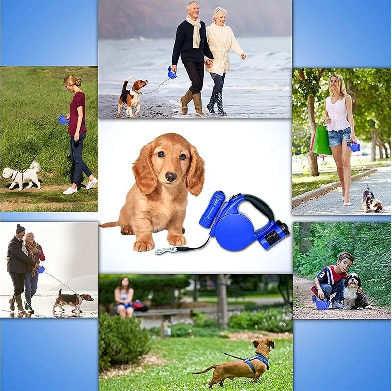 4.5m retractable dog lead with LED light and waste bag dispenser, black, ABS and nylon construction