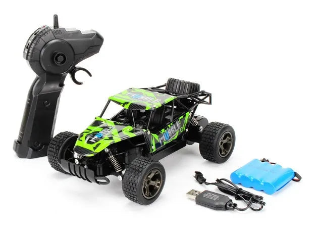Blue 1:18 scale remote control drift car with 2.4GHz transmitter on black surface