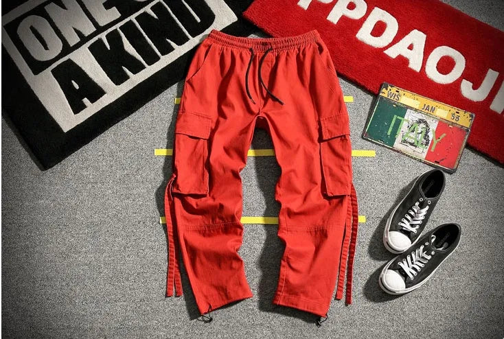 RIBBON Cargo Pants for men cotton blend multi-pocket drawstring waist loose fit in black gray red sizes M to 5XL