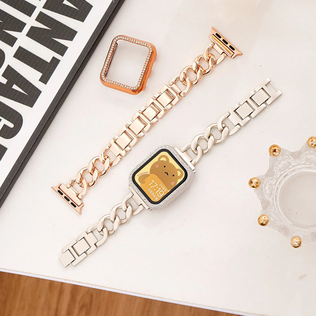 Metal denim chain link Apple Watch strap in silver, black, gold, rose gold and starlight colours.