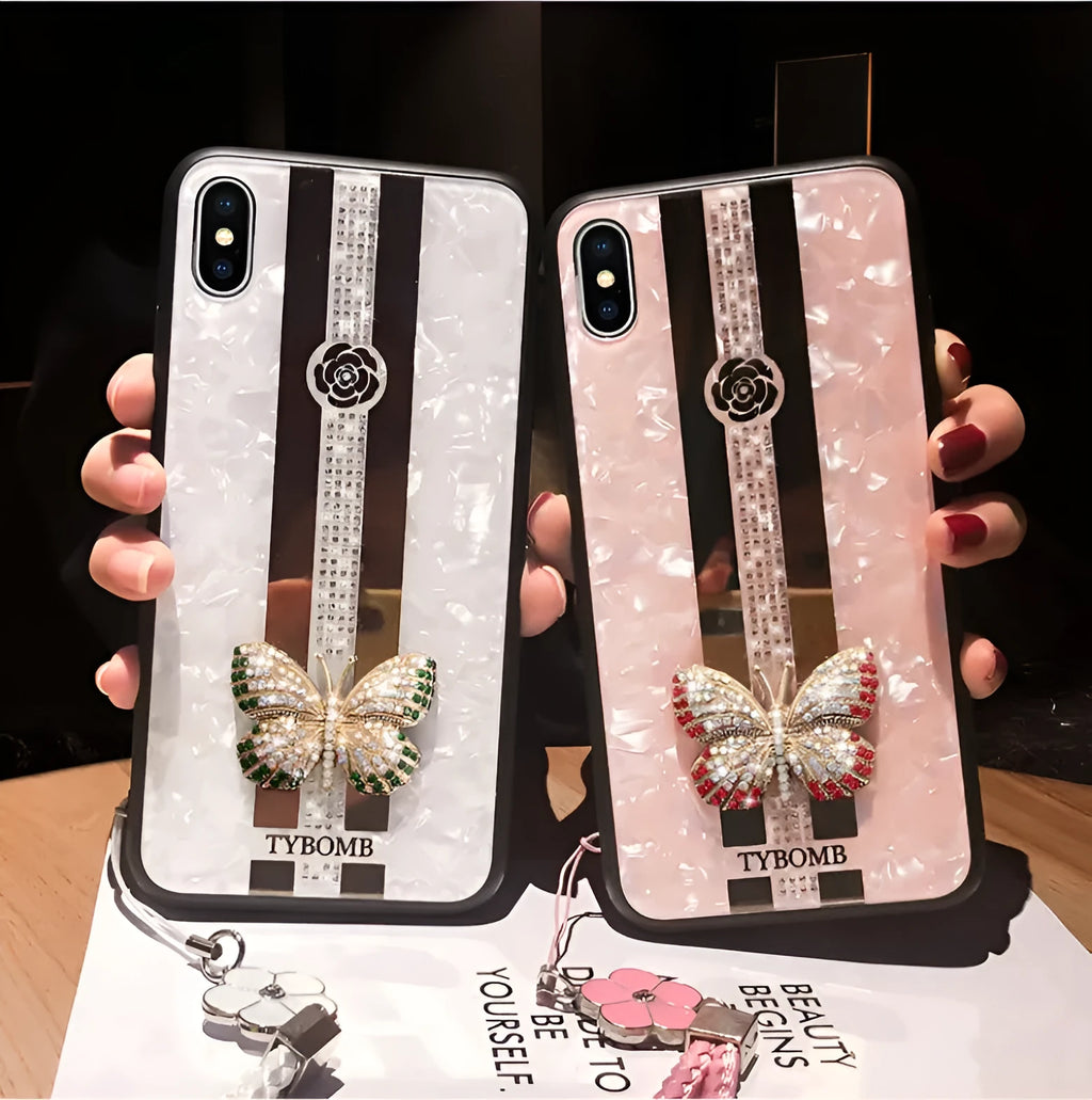 Luxury diamond butterfly mirror iPhone case in acrylic with gemstone decoration