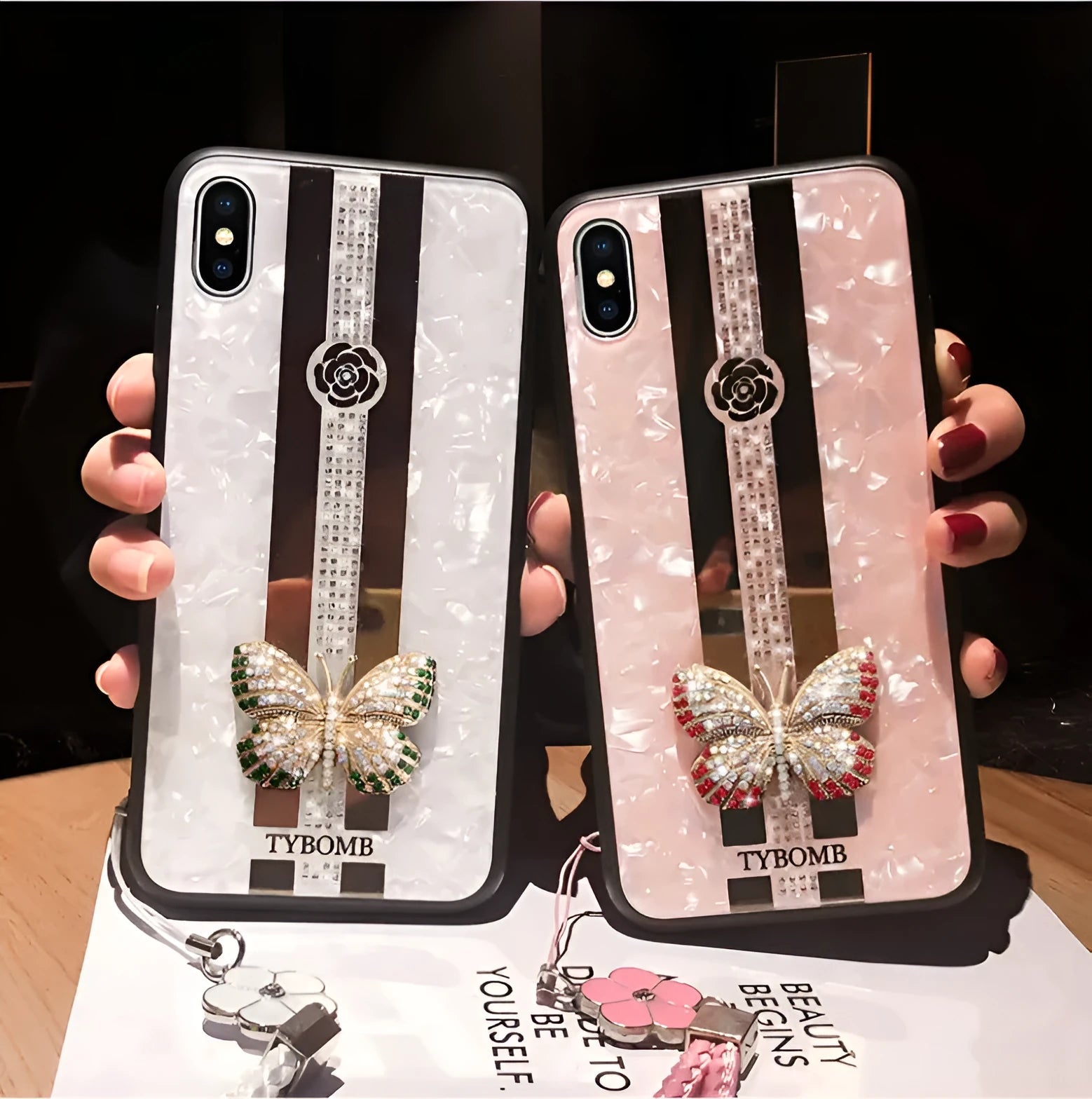 Luxury diamond butterfly mirror iPhone case in acrylic with gemstone decoration