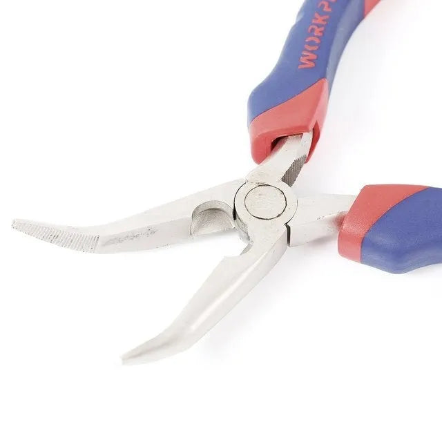 Blue and black handled curved nose pliers with fine 5mm tips, 160mm long.