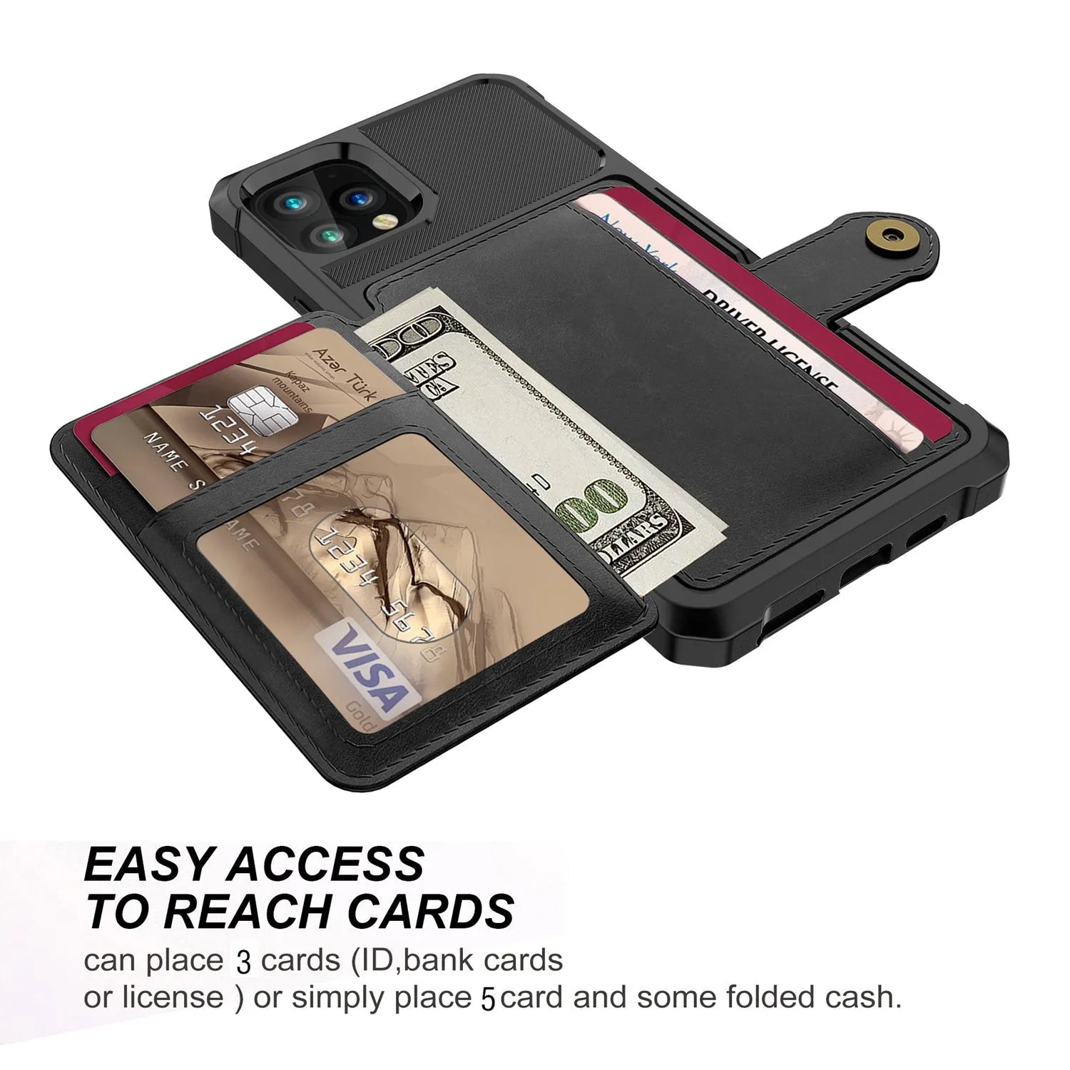 Imitation leather solid colour iPhone case with card wallet slot in black, blue, green, pink, or red.